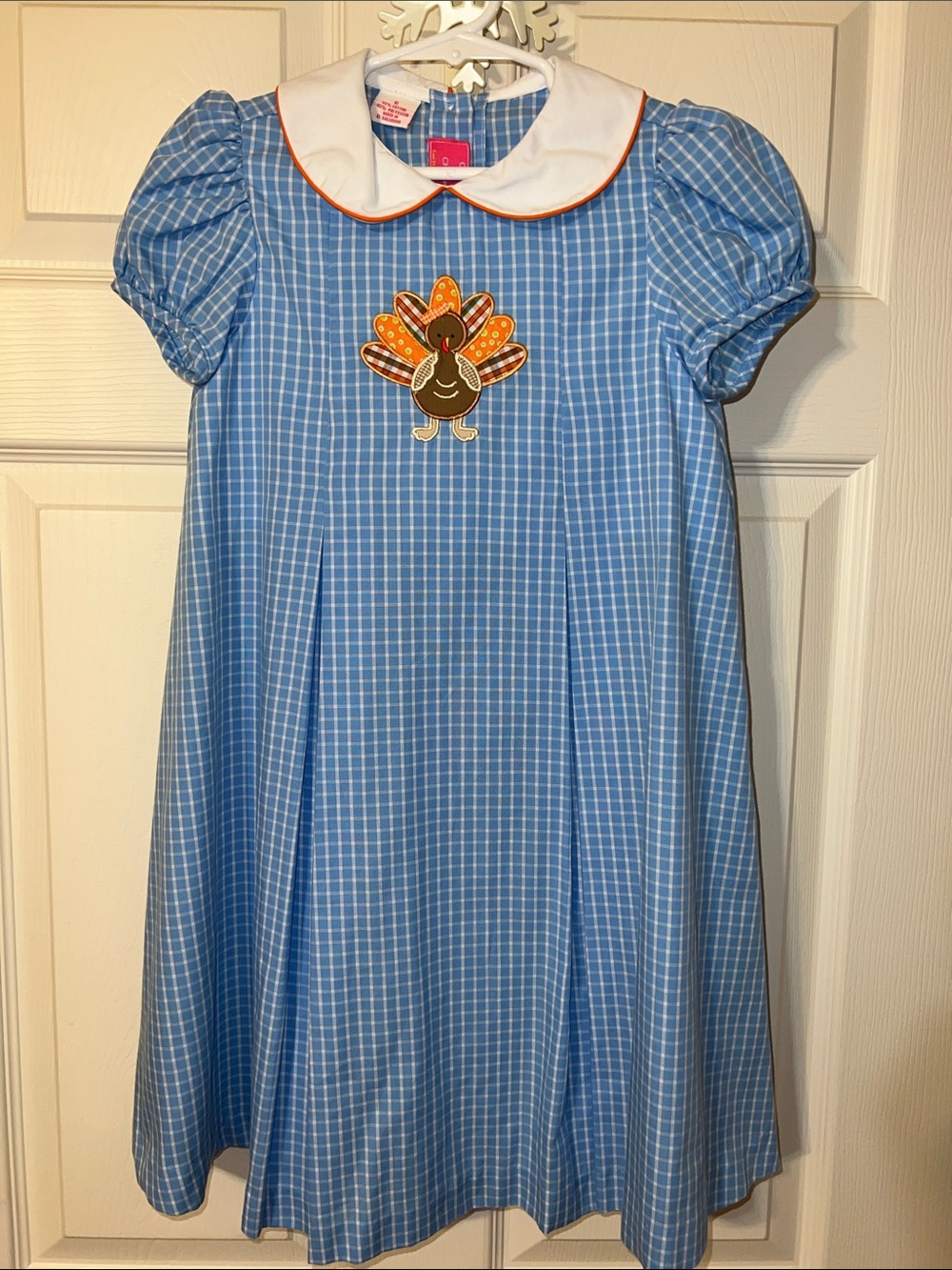 Girls Blue Checked Dress with Turkey Appliqué - Classic Peter Pan Collar